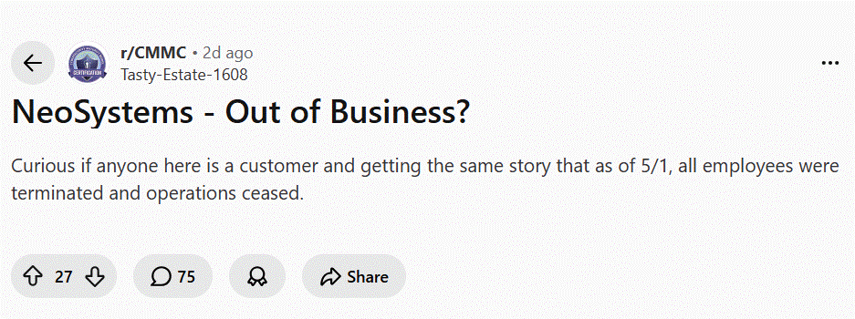 NeoSystems Out of Business Reddit OP May 2026
